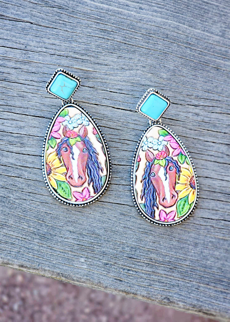 Western Horse Embossed Leather Stud Earrings Earrings Blue Tortoise