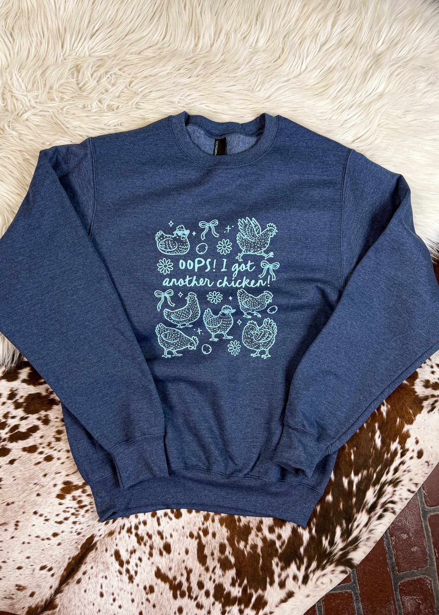 Heather Navy Oops I Got Another Chicken Pullover $15 pullover sale The Cinchy Cowgirl