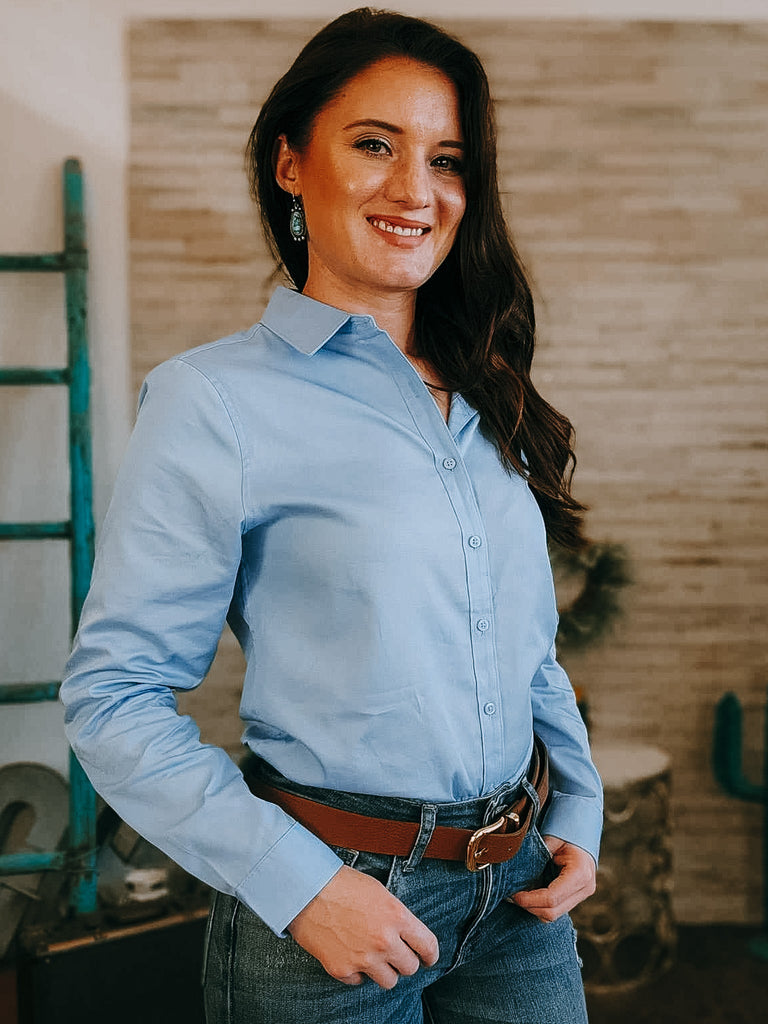 Joshua 1:9 Long Sleeve Button Down Shirt [6 Colors] long sleeve button down - faith based The Cinchy Cowgirl XS Cloud Blue 