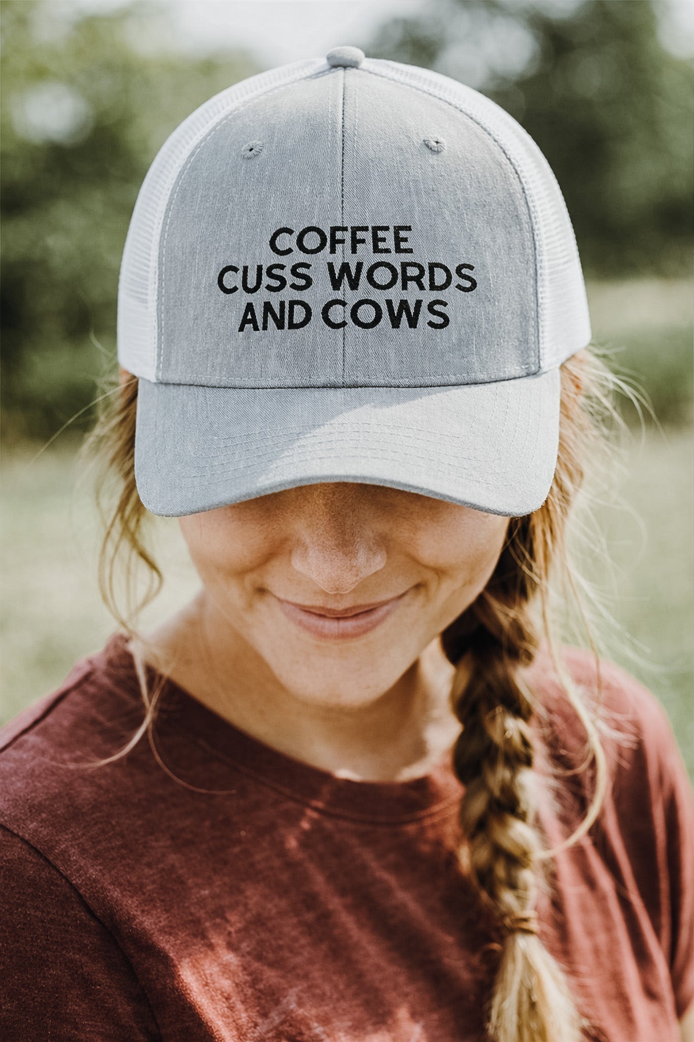 Coffee Cuss Words and Cows Trucker Hat Embroidered TCC Hat The Cinchy Cowgirl - Print