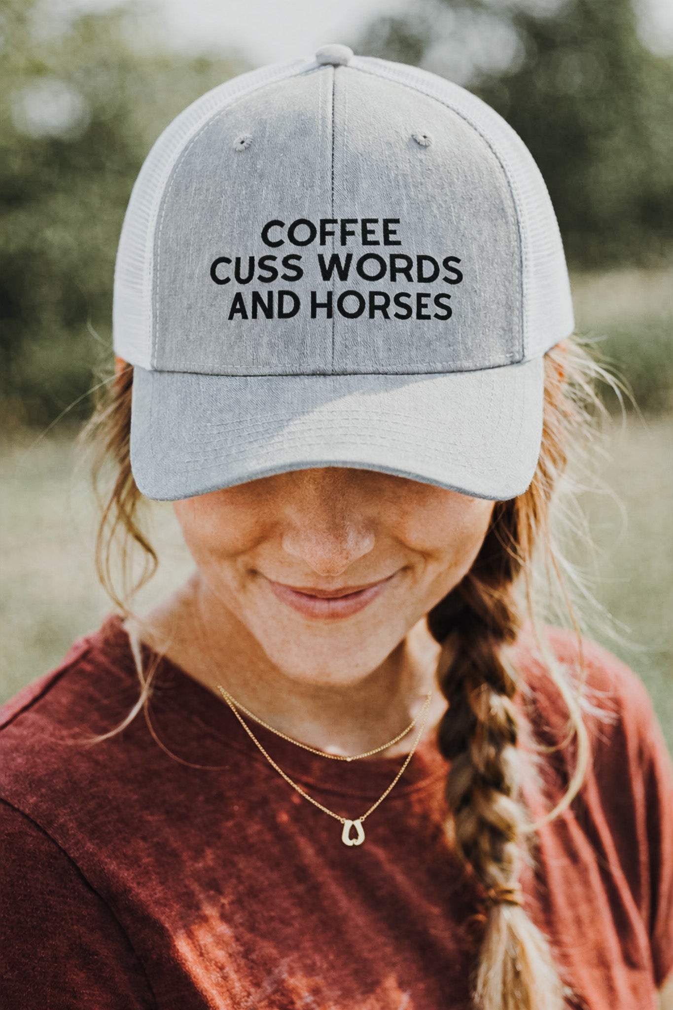 Coffee Cuss Words and Horses Trucker Hat Embroidered TCC Hat The Cinchy Cowgirl - Print