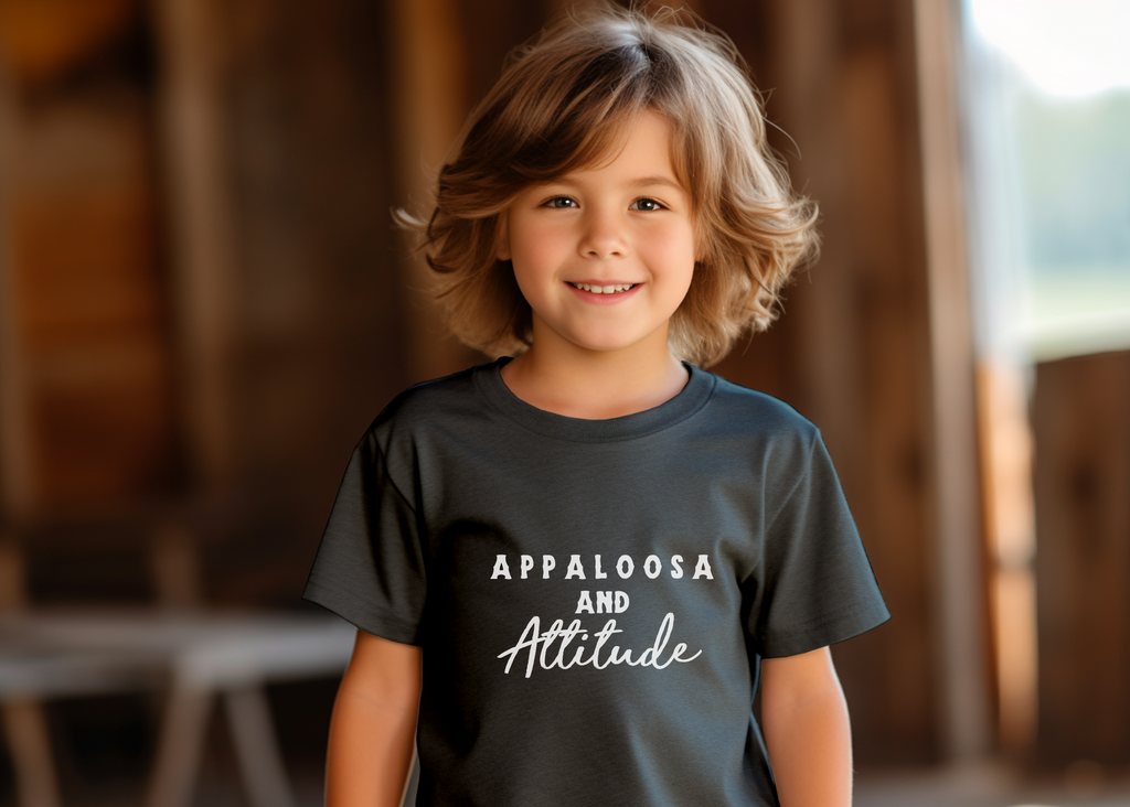 Western dark grey youth  short sleeve with white lettering that reads "Appaloosa & Attitude".