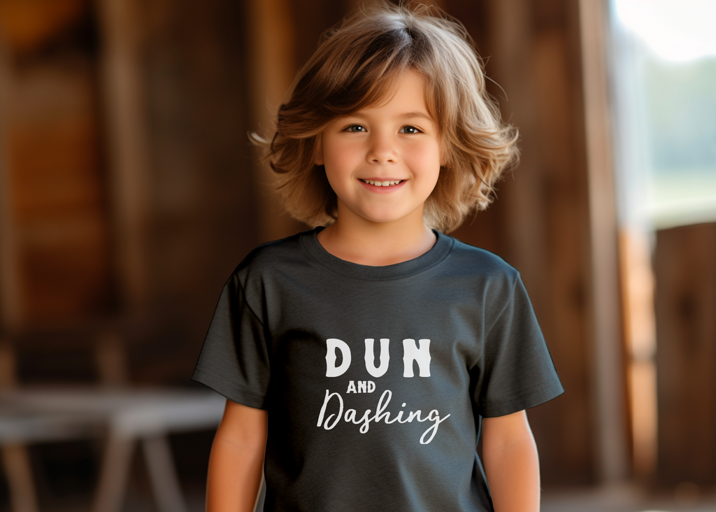 Dark grey youth short sleeve with white lettering reading "Dun and Dashing". 