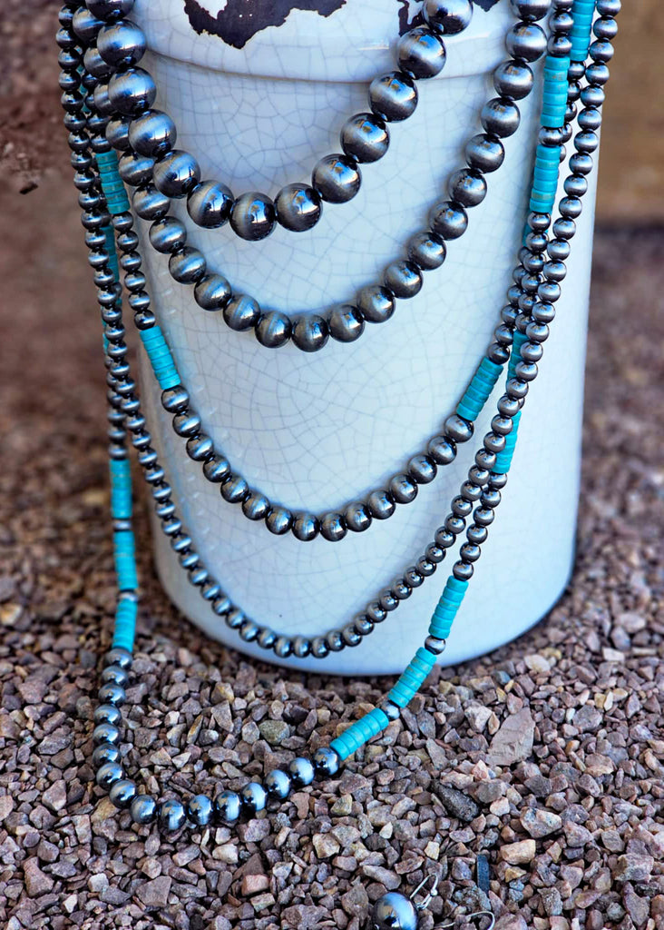 Five Strand Turquoise & Silver Beaded Layered Necklace Earrings Blue Tortoise