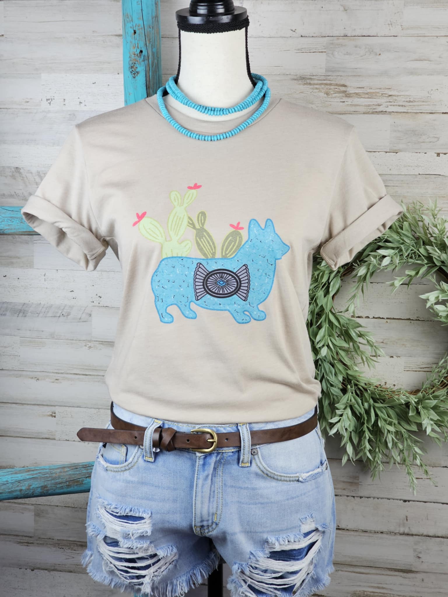 Turquoise Cactus Corgi Short Sleeve Graphic Tee [Multiple Colors] T-Shirt Printify