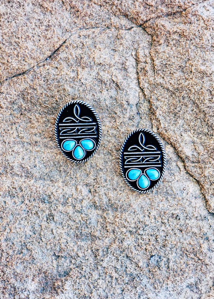 Western Boot Stitch Oval Stud Earrings Earrings Blue Tortoise