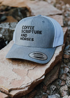 Embroidered Coffee Scripture and Horses Trucker Hat [23 Colors] Embroidered TCC Hat The Cinchy Cowgirl - Print
