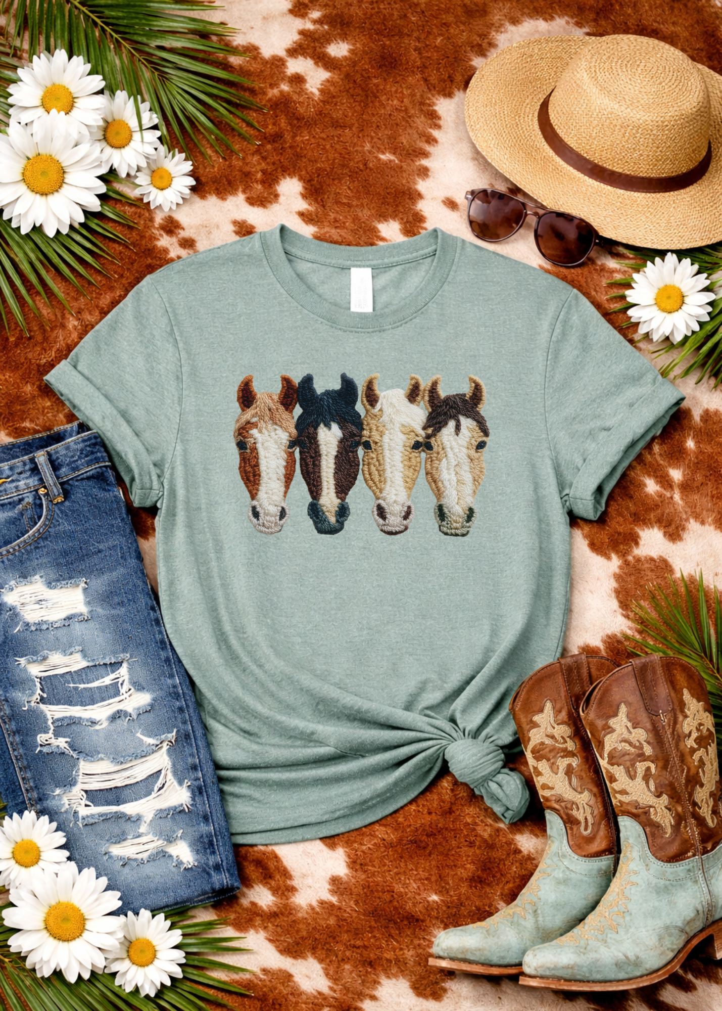 Faux Crochet Horses Short Sleeve Tee Graphic Tee The Cinchy Cowgirl - Print