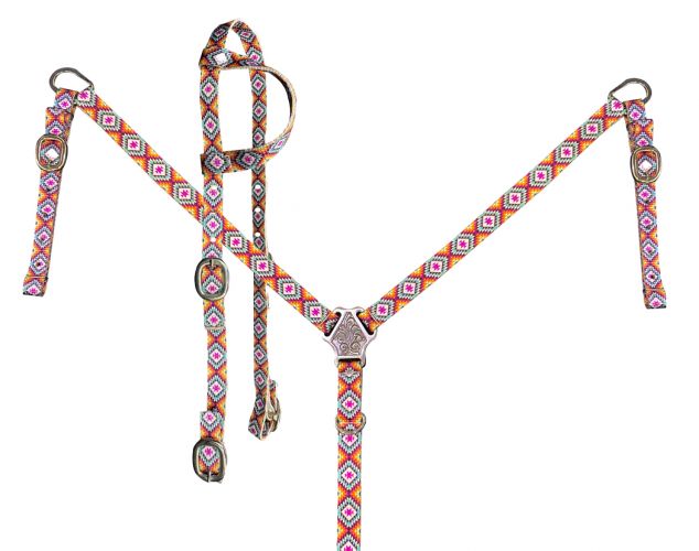 Western nylon headstall set with warm color tribal pattern. Pink, orange and yellow are the predominant color. Brass colored buckles and hardware. 