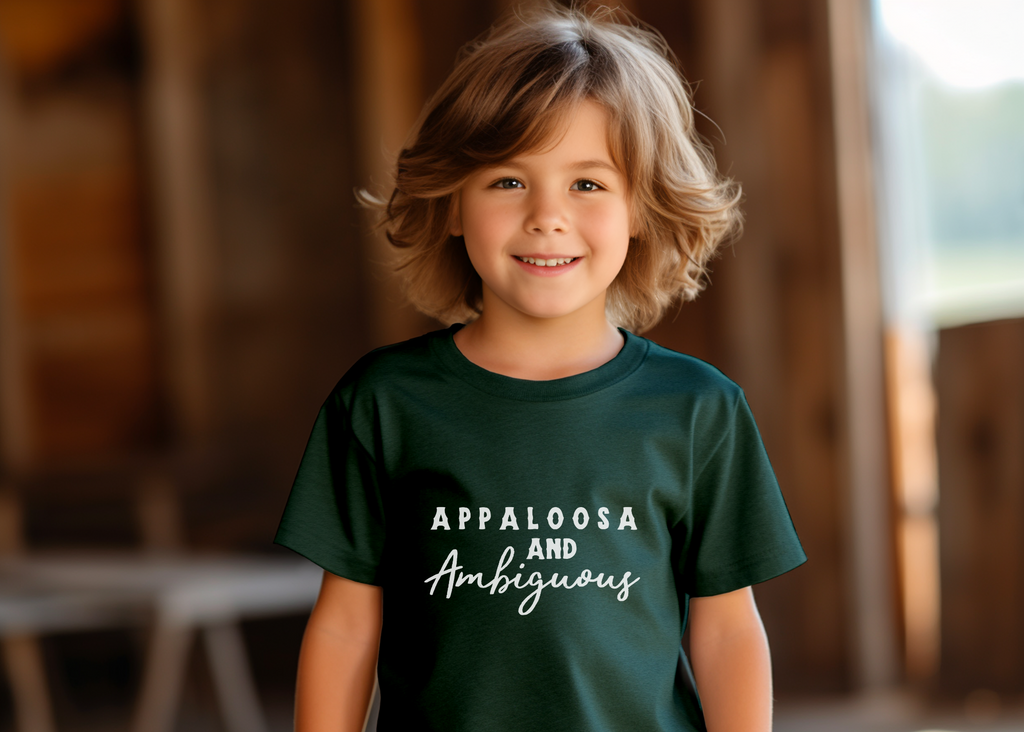 Western forest youth short sleeve with white lettering that reads "Appaloosa & Ambiguous".