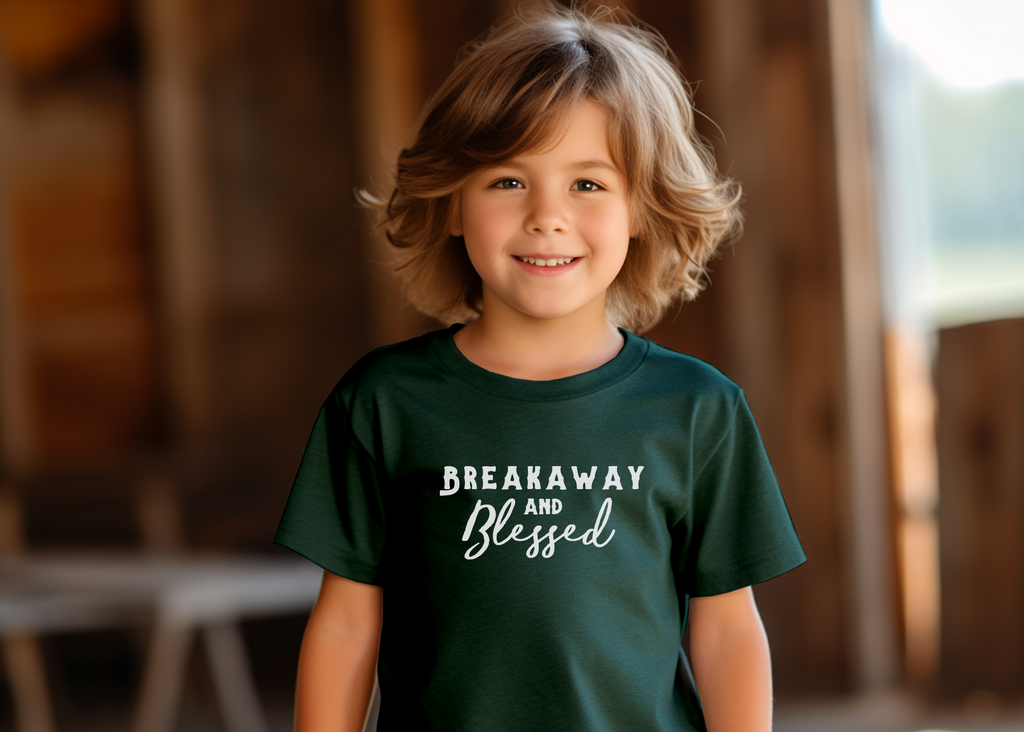 Forest youth short sleeve with white lettering reading "Breakaway and Blessed".