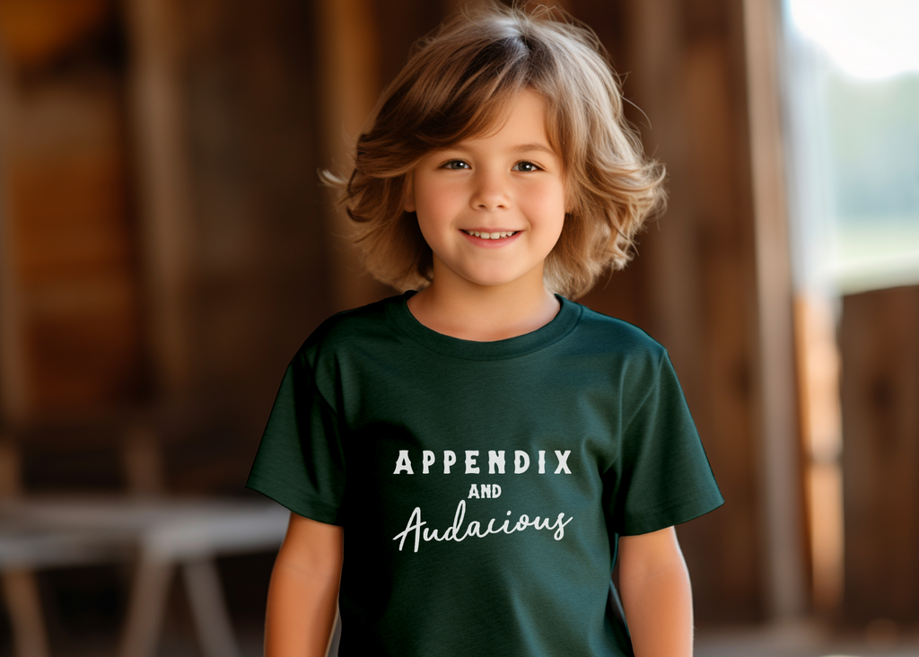 Forest youth short sleeve with white lettering that says "Appendix and Audacious".