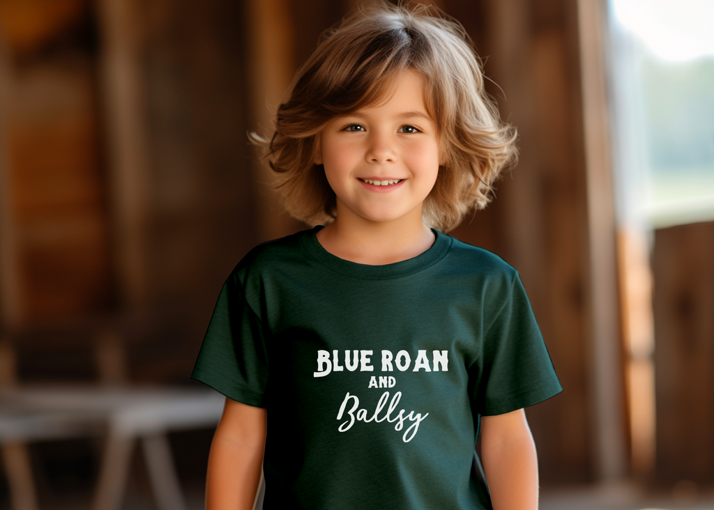 Forest youth short sleeve with white lettering reading "Blue Roan and Ballsy". 