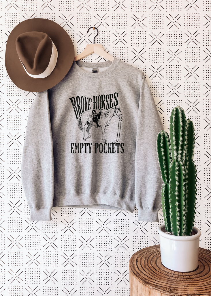 Gray Broke Horses Crewneck Sweatshirt Pullover The Cinchy Cowgirl   