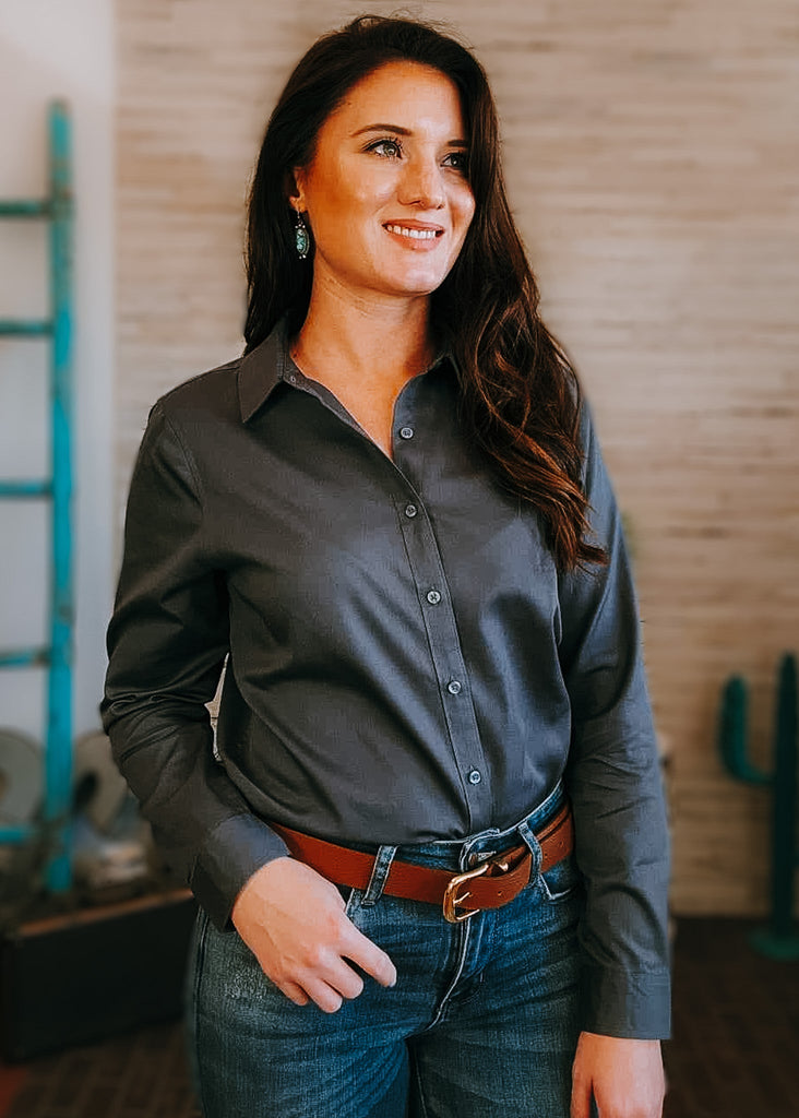 Joshua 1:9 Long Sleeve Button Down Shirt [6 Colors] long sleeve button down - faith based The Cinchy Cowgirl XS Storm Gray 