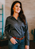 Psalm 91:4 Long Sleeve Button Down Shirt long sleeve button down - faith based The Cinchy Cowgirl XS Storm Gray