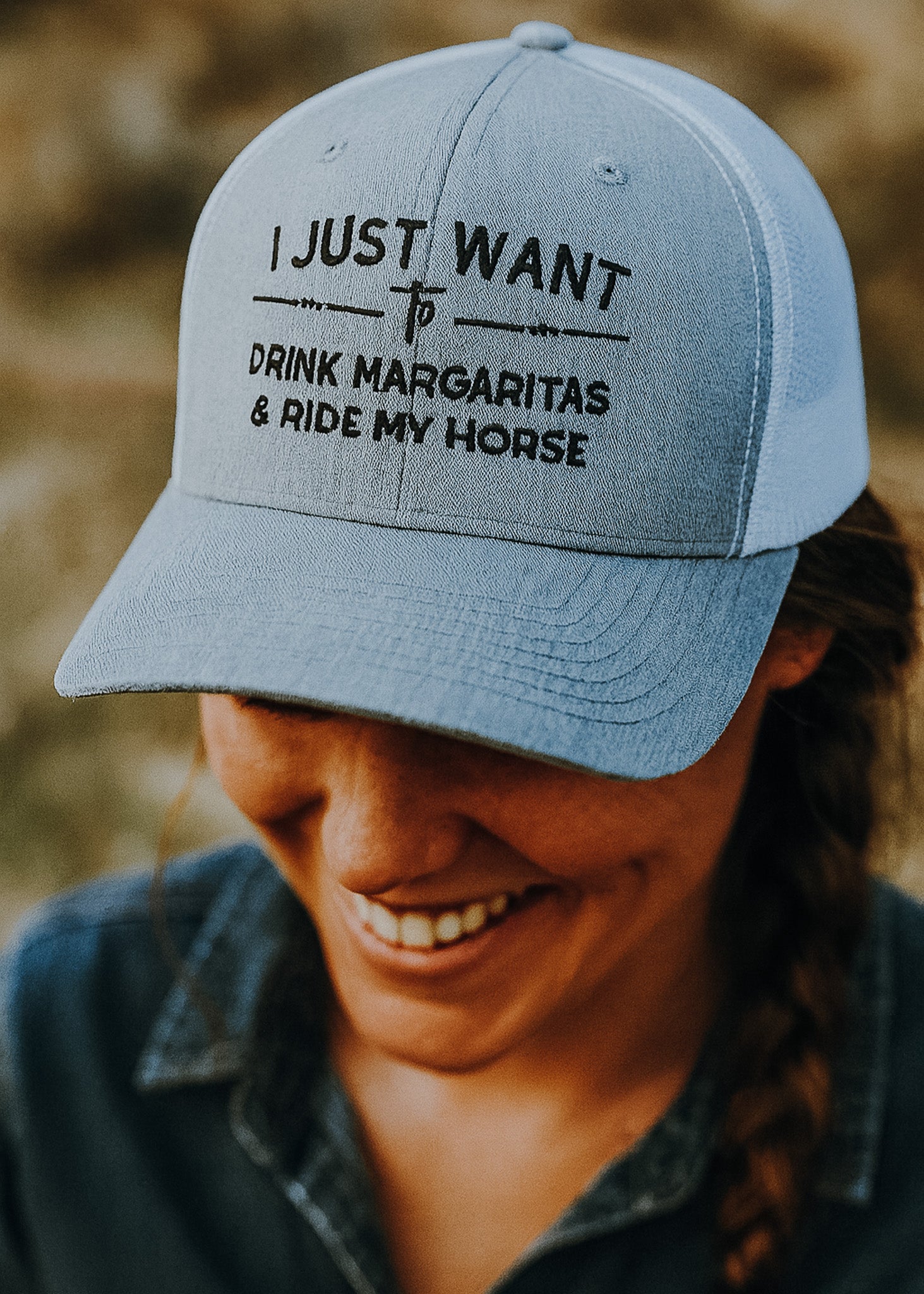 Gray Embroidered I Just Want To Drink Margaritas & Ride My Horse Trucker Hat Embroidered TCC Hat The Cinchy Cowgirl