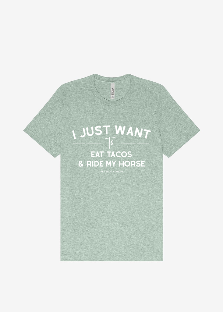 I Just Want To Eat Tacos & Ride My Horse Graphic Tee [16 Colors] Short Sleeve Graphic Tee The Cinchy Cowgirl Dusty Blue Small