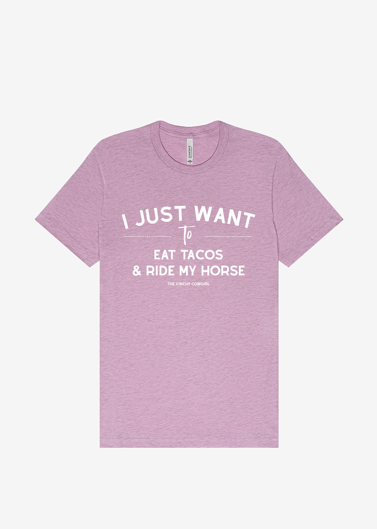 I Just Want To Eat Tacos & Ride My Horse Graphic Tee Short Sleeve Graphic Tee The Cinchy Cowgirl Heather Lilac Small