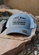 Gray Embroidered I Just Want To Drink Margaritas & Ride My Horse Trucker Hat Embroidered TCC Hat The Cinchy Cowgirl
