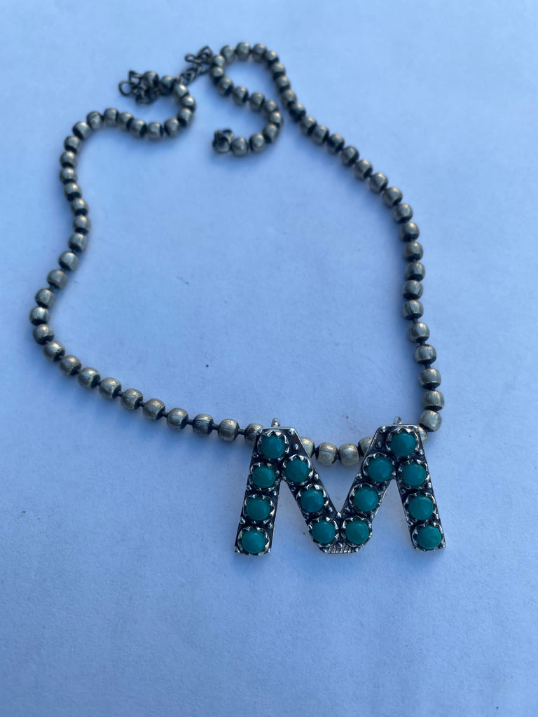 Natural Kingman Turquoise Sterling Silver Letter Necklace NT jewelry Nizhoni Traders LLC   