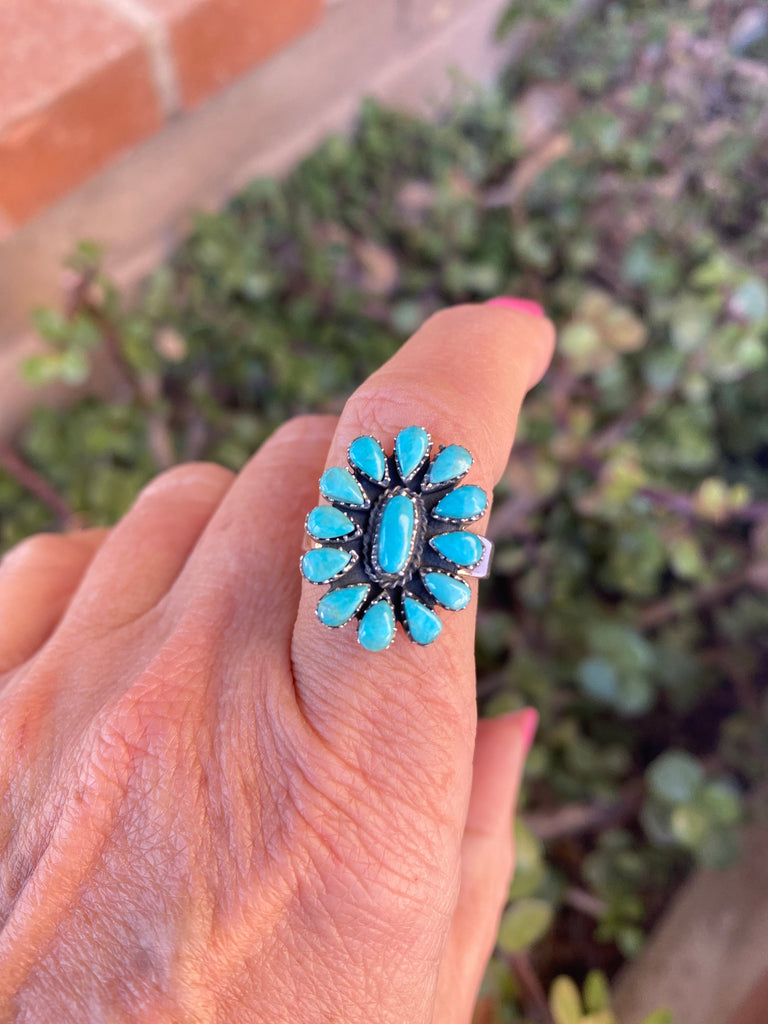 Handmade Sterling Silver & Kingman Petit Point Turquoise Adjustable Ring Jewelry & Watches:Ethnic, Regional & Tribal:Rings Nizhoni Traders LLC   