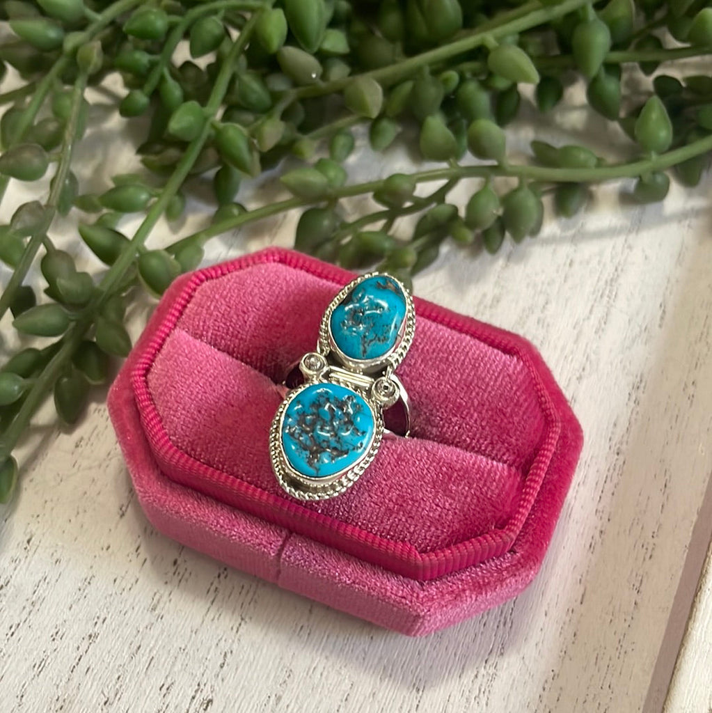 Double Stone Navajo Turquoise & Sterling Silver Ring Signed NT jewelry Nizhoni Traders LLC   