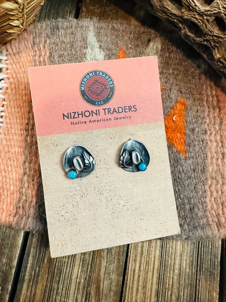 Navajo Mini Cowboy Hat Sterling Silver & Turquoise Stud Earrings NT jewelry Nizhoni Traders LLC   