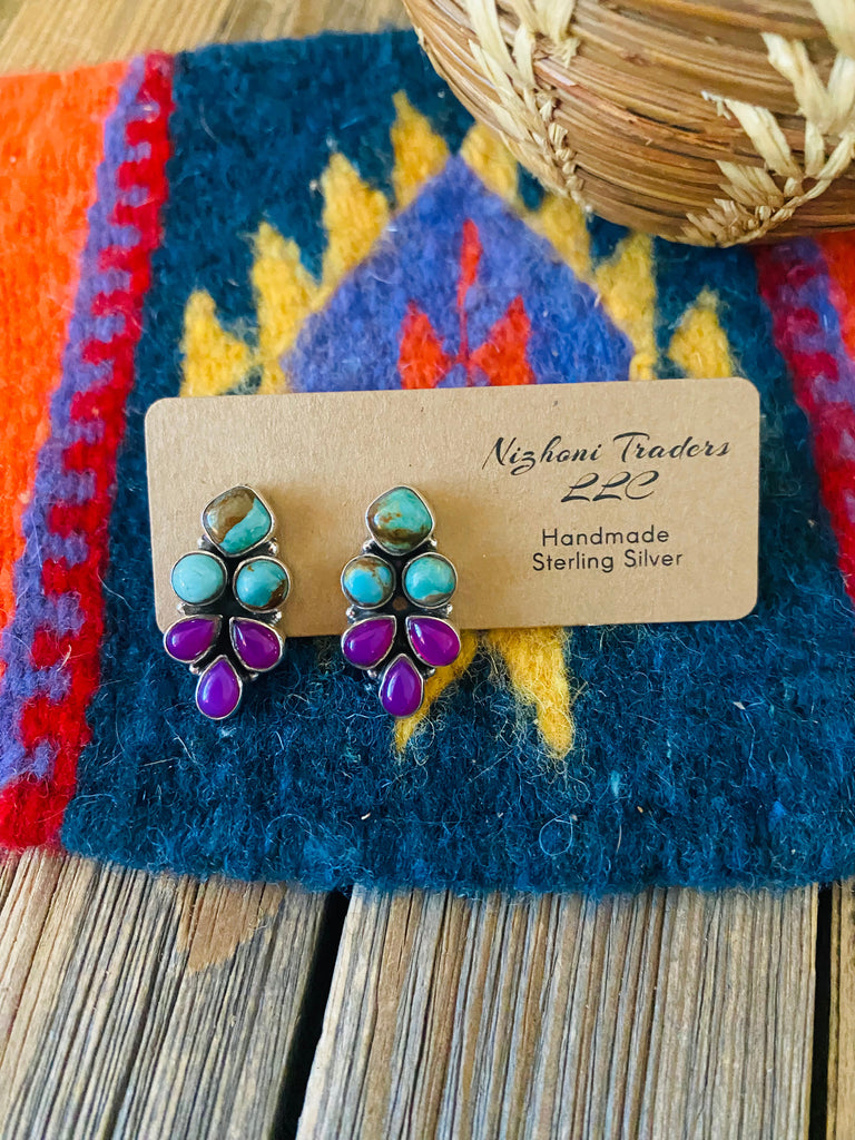 Handmade Pink Onyx, Turquoise & Sterling Silver Post Earrings Signed Nizhoni Jewelry & Watches:Ethnic, Regional & Tribal:Native American:Earrings Nizhoni Traders LLC   