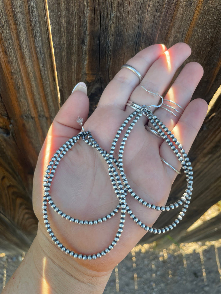 Navajo Pearl Style Sterling Silver Beaded Dangle Hoop Earrings NT jewelry Nizhoni Traders LLC   