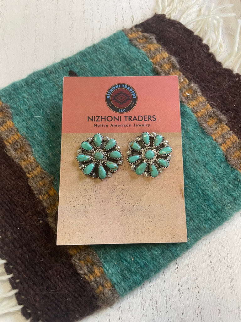 “The Sonoita” Navajo Sterling Silver & Turquoise Cluster Stud Earrings 1” NT jewelry Nizhoni Traders LLC   