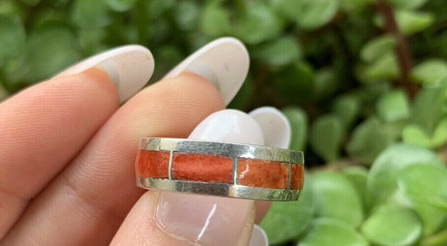 Orange Spiny Inlayed Stacker Ring NT jewelry Nizhoni Traders LLC   