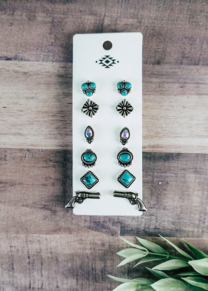 turquoise & silver western earring post set on white card