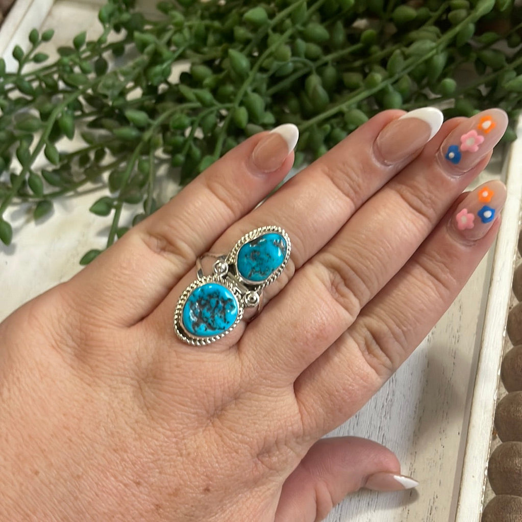 Double Stone Navajo Turquoise & Sterling Silver Ring Signed NT jewelry Nizhoni Traders LLC   