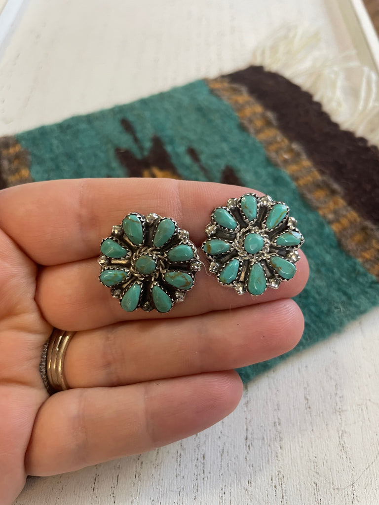 “The Sonoita” Navajo Sterling Silver & Turquoise Cluster Stud Earrings 1” Jewelry & Watches:Ethnic, Regional & Tribal:Earrings Nizhoni Traders LLC   