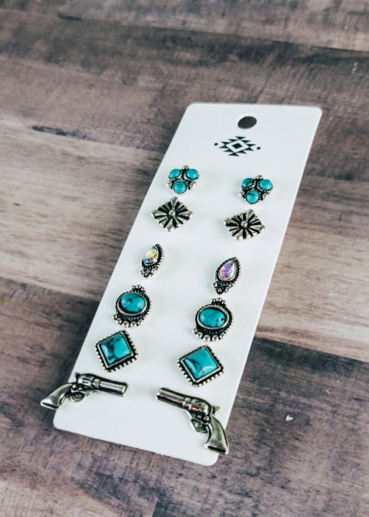 turquoise & silver western earring post set on white card