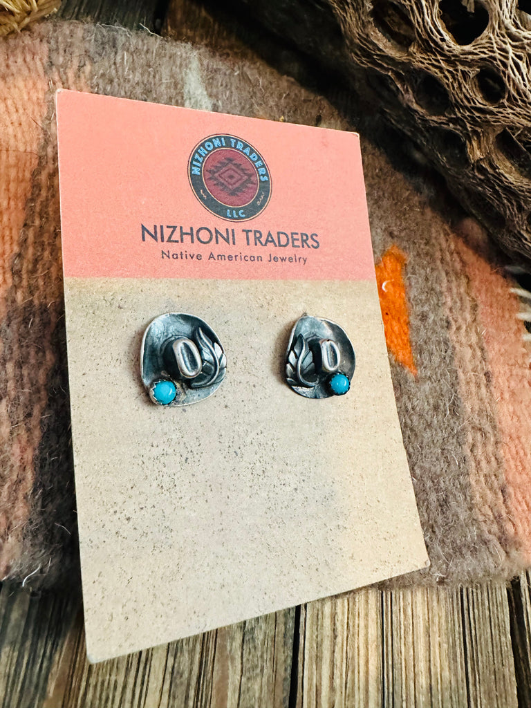 Navajo Mini Cowboy Hat Sterling Silver & Turquoise Stud Earrings NT jewelry Nizhoni Traders LLC   