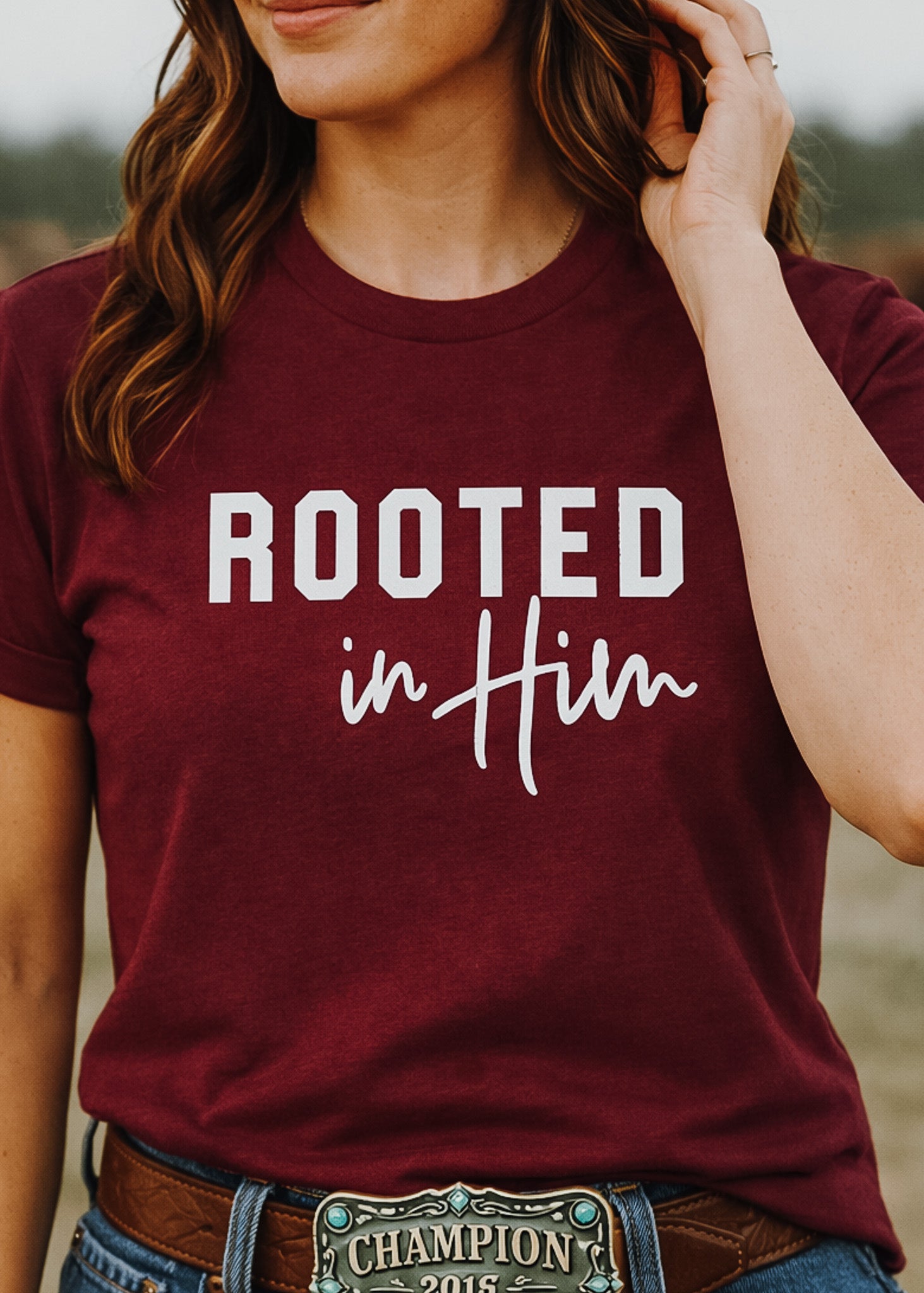 Maroon Rooted In Him Graphic Tee tcc graphic tee The Cinchy Cowgirl