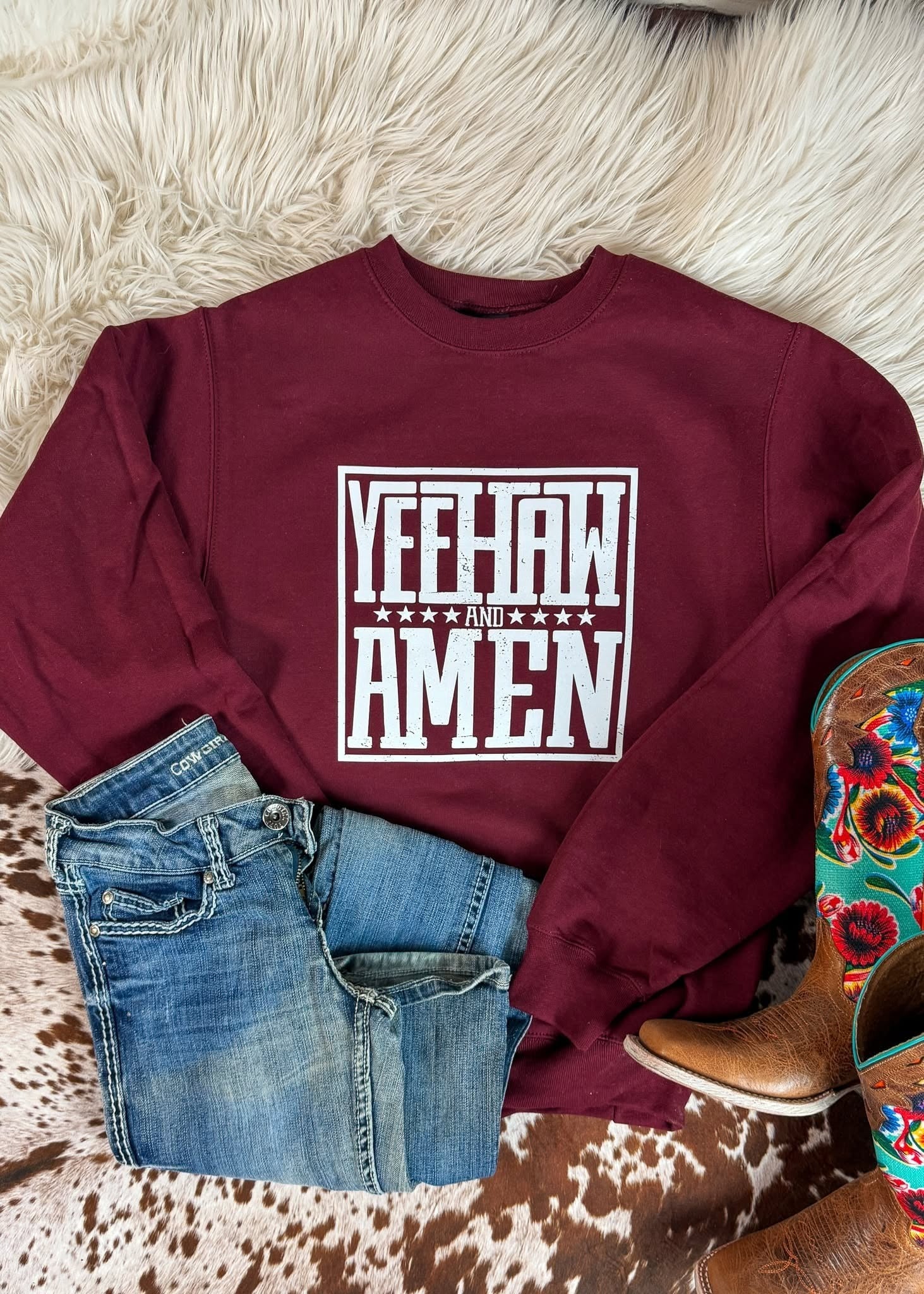 Maroon Yeehaw and Amen Pullover $15 pullover sale The Cinchy Cowgirl