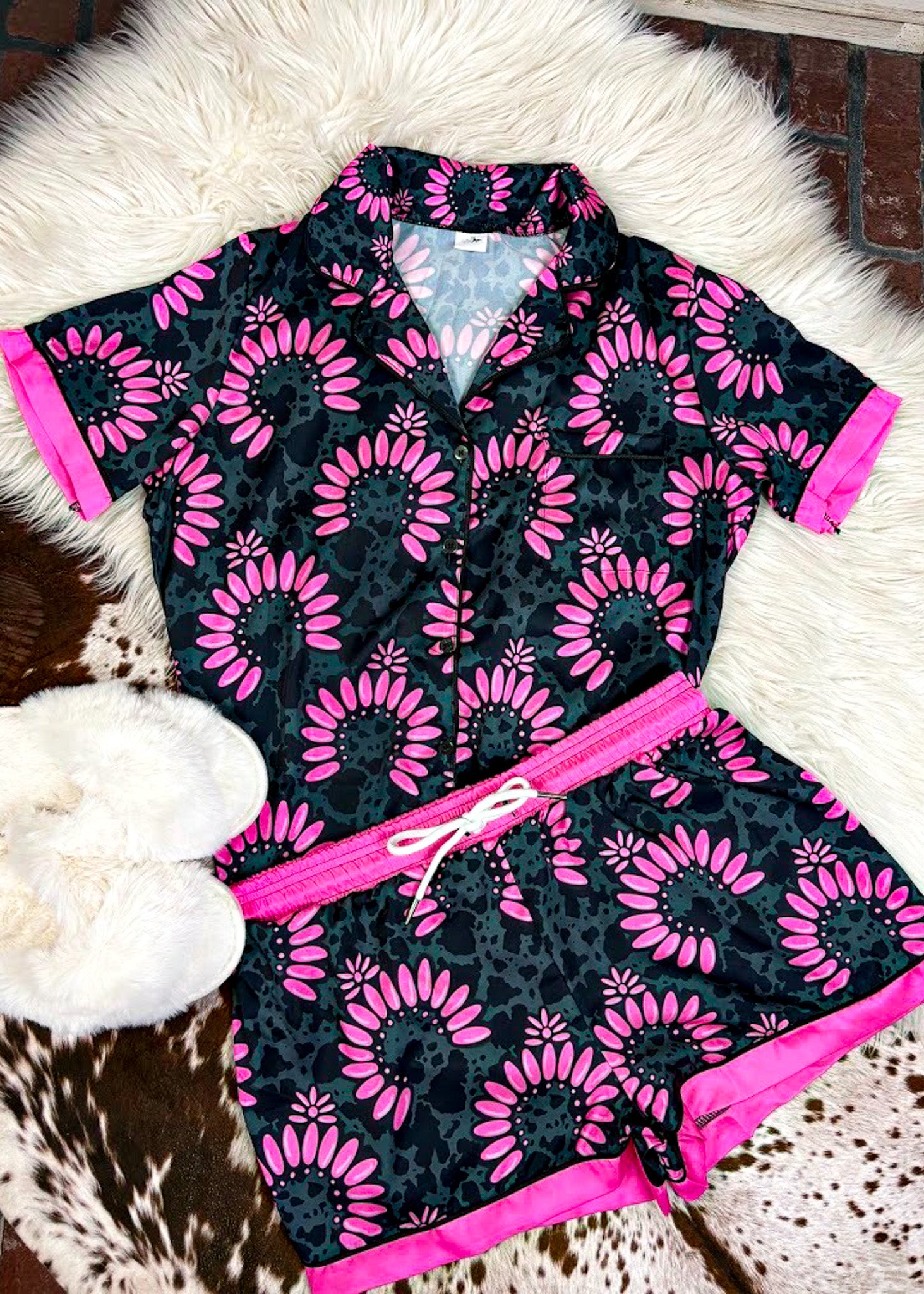Pink & Black Squash Blossom Silky Shorts Pajamas silky pajamas - shorts The Cinchy Cowgirl (YC)