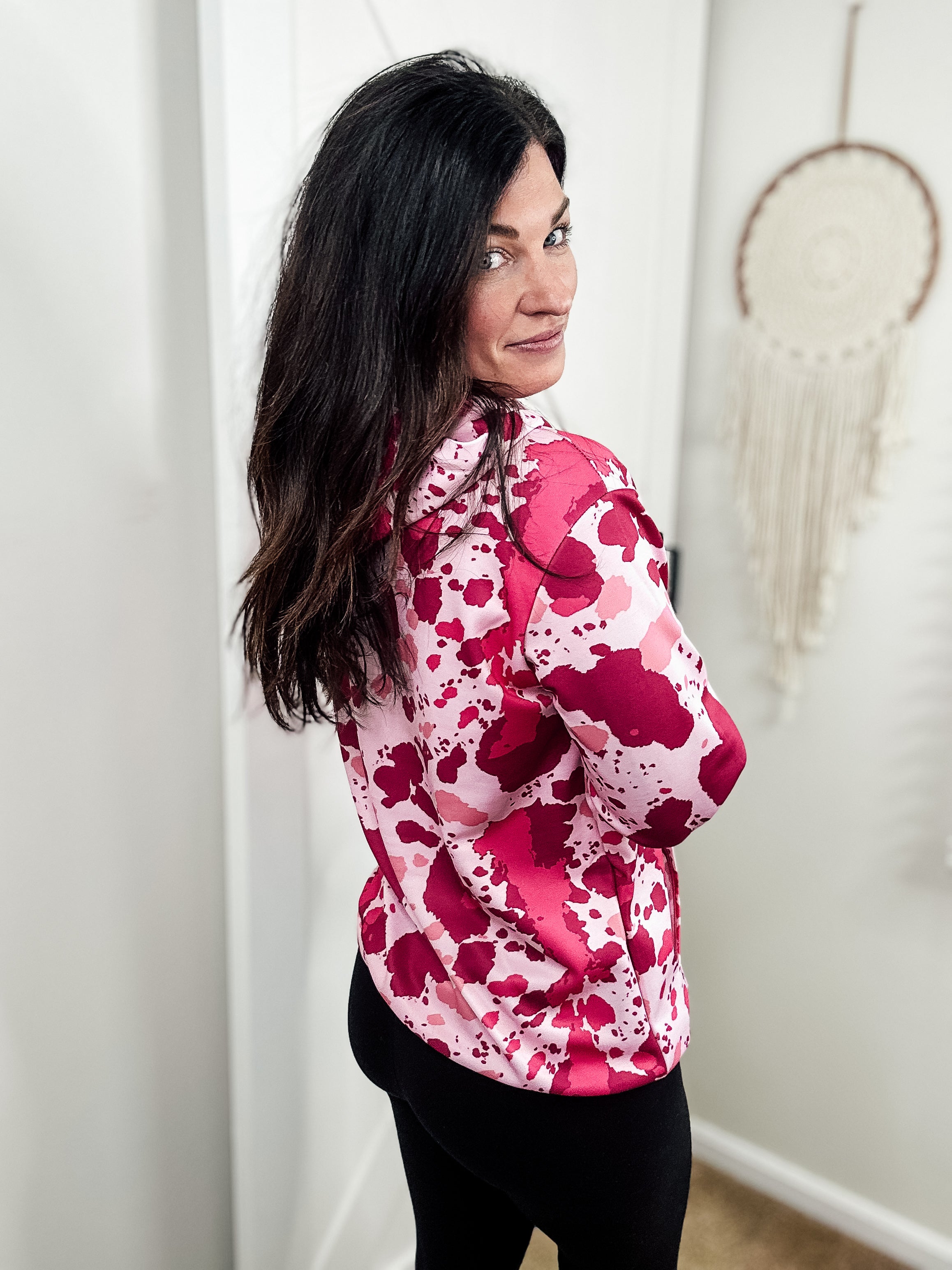 Pink Cowprint Hoodie Women's Pullover Hoodie With Drawstring The Cinchy Cowgirl (YC)