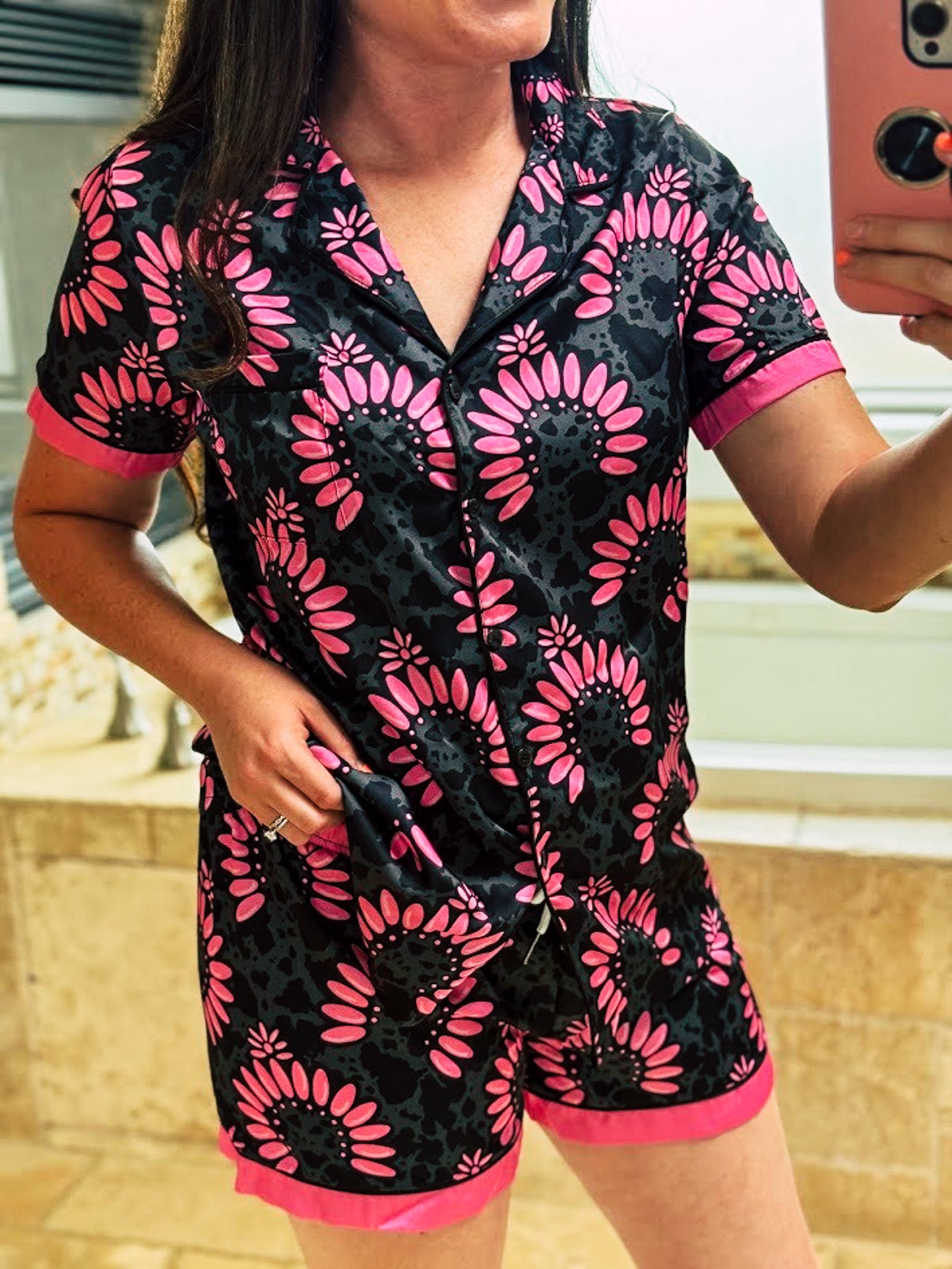 Pink & Black Squash Blossom Silky Shorts Pajamas silky pajamas - shorts The Cinchy Cowgirl (YC)