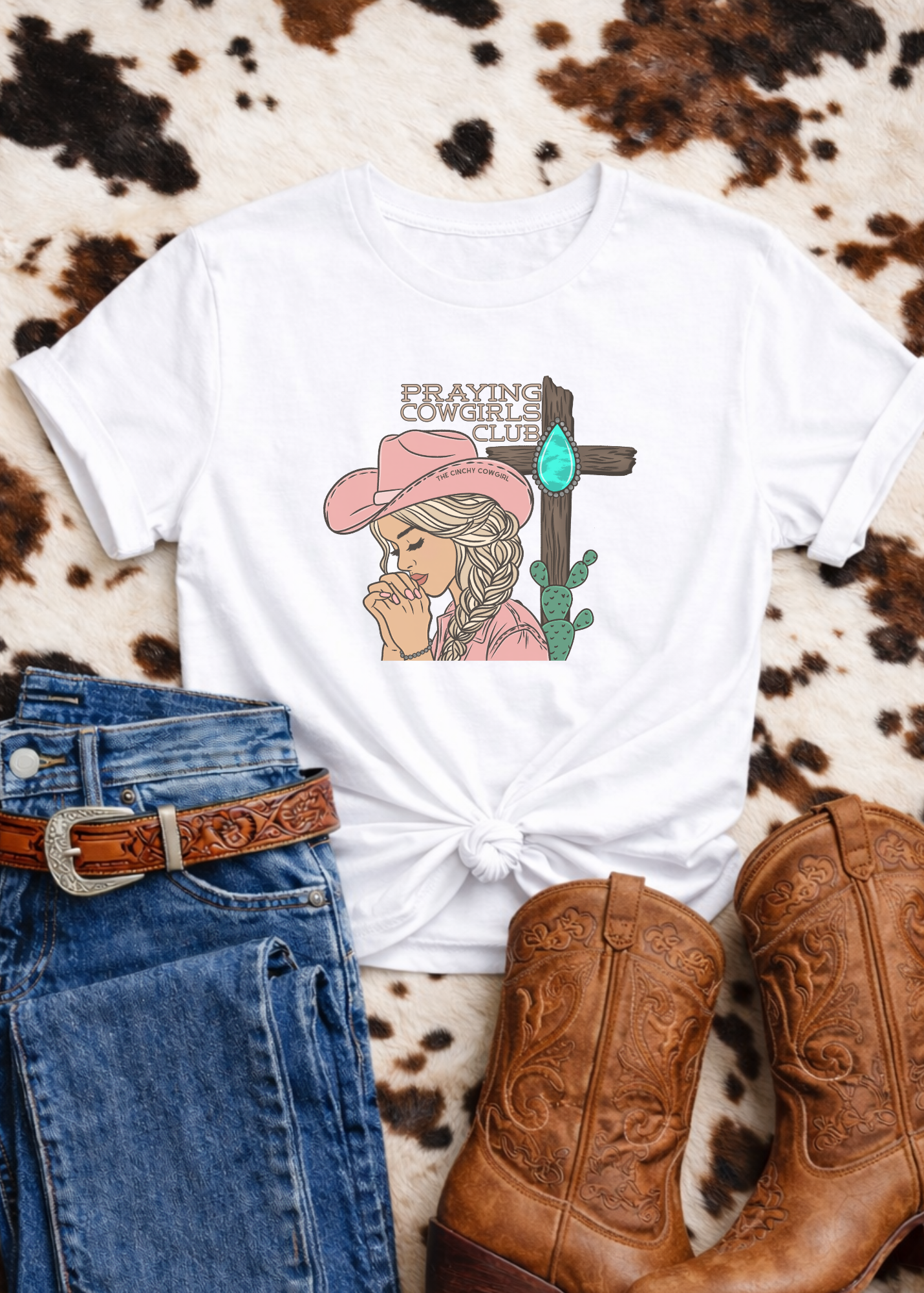 Praying Cowgirls Club Short Sleeve Tee Graphic Tee The Cinchy Cowgirl - Print