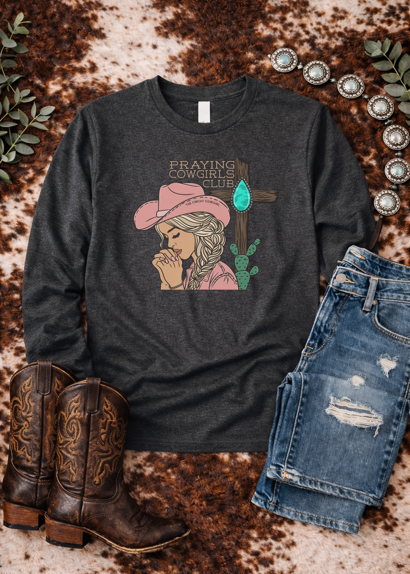 Praying Cowgirls Club Long Sleeve Tee Long-sleeve The Cinchy Cowgirl - Print
