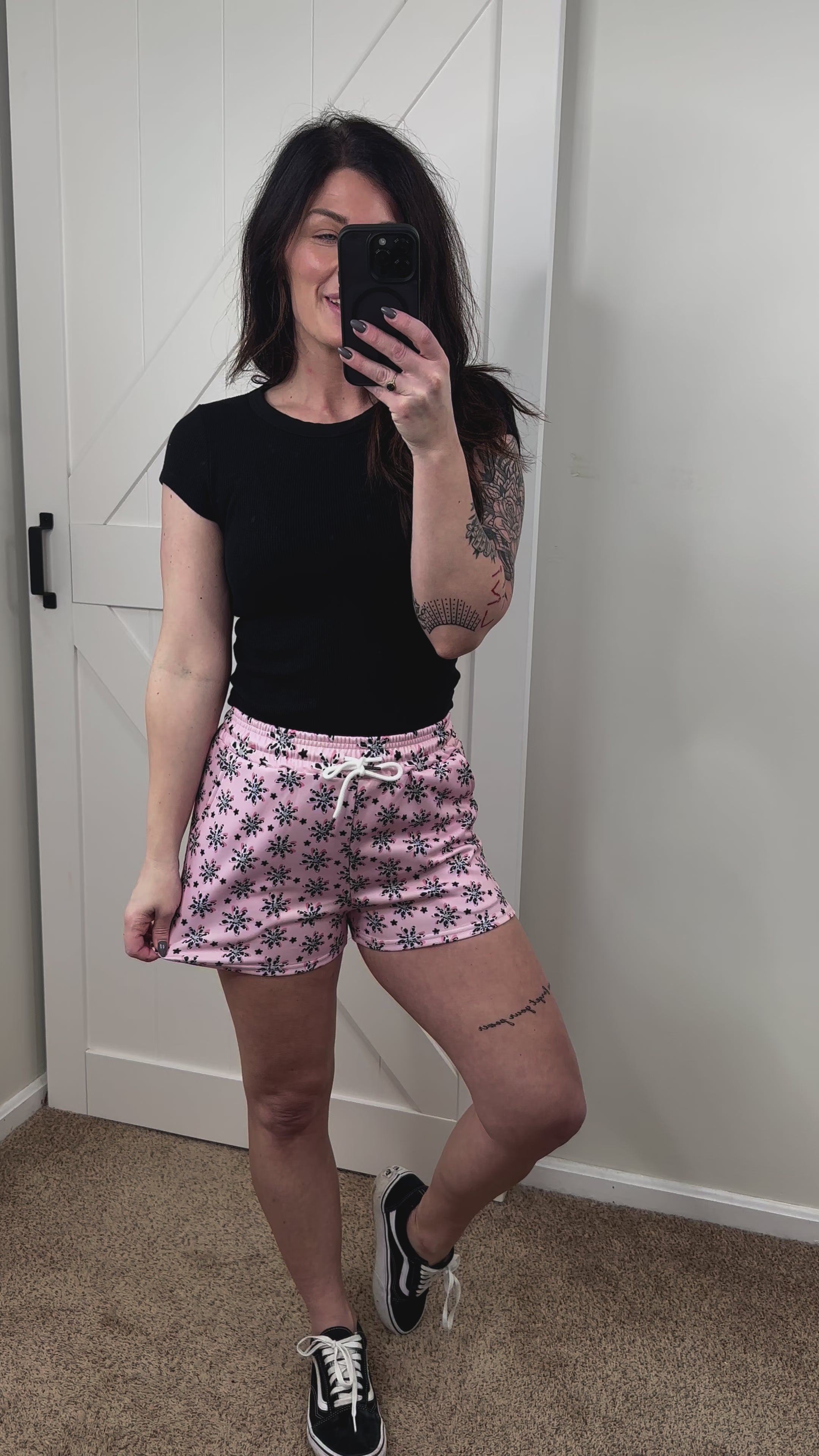 Pink Floral Cow Print Drawstring Shorts drawstring shorts The Cinchy Cowgirl (YC)