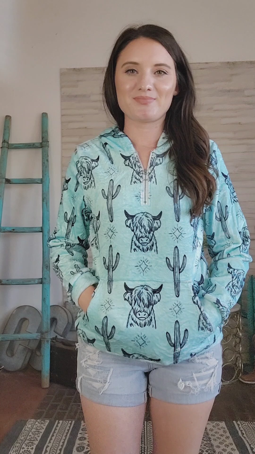 Turquoise Highland Cow Fleece Zip Hoodie fleece hoodie The Cinchy Cowgirl (YC)