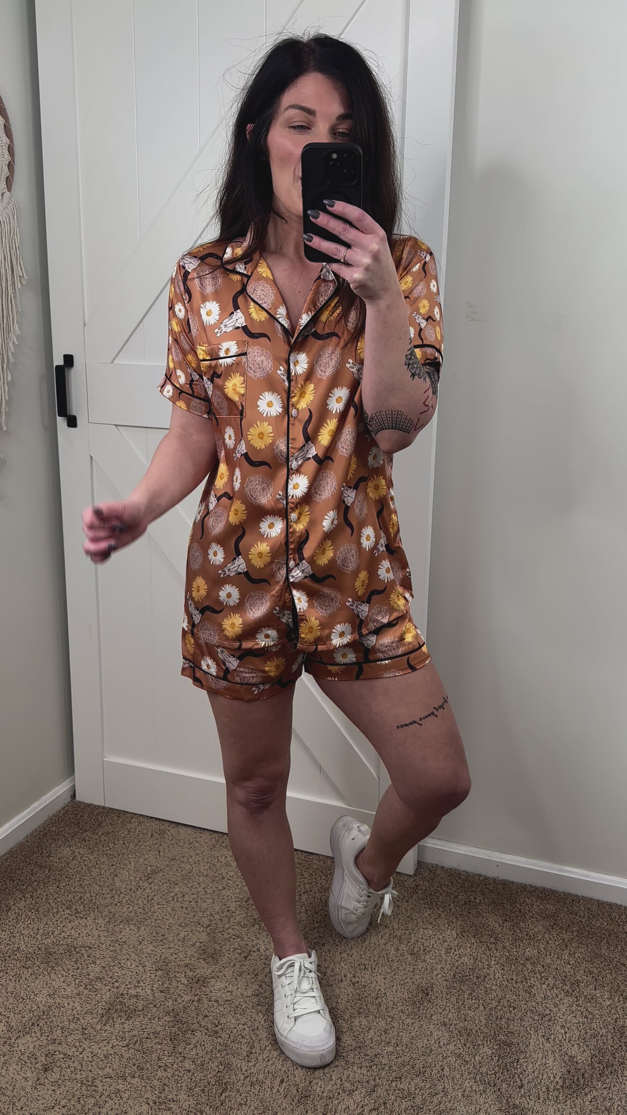 Brown Daisy Steer Skull Silky Shorts Pajamas silky pajamas - shorts The Cinchy Cowgirl (YC)