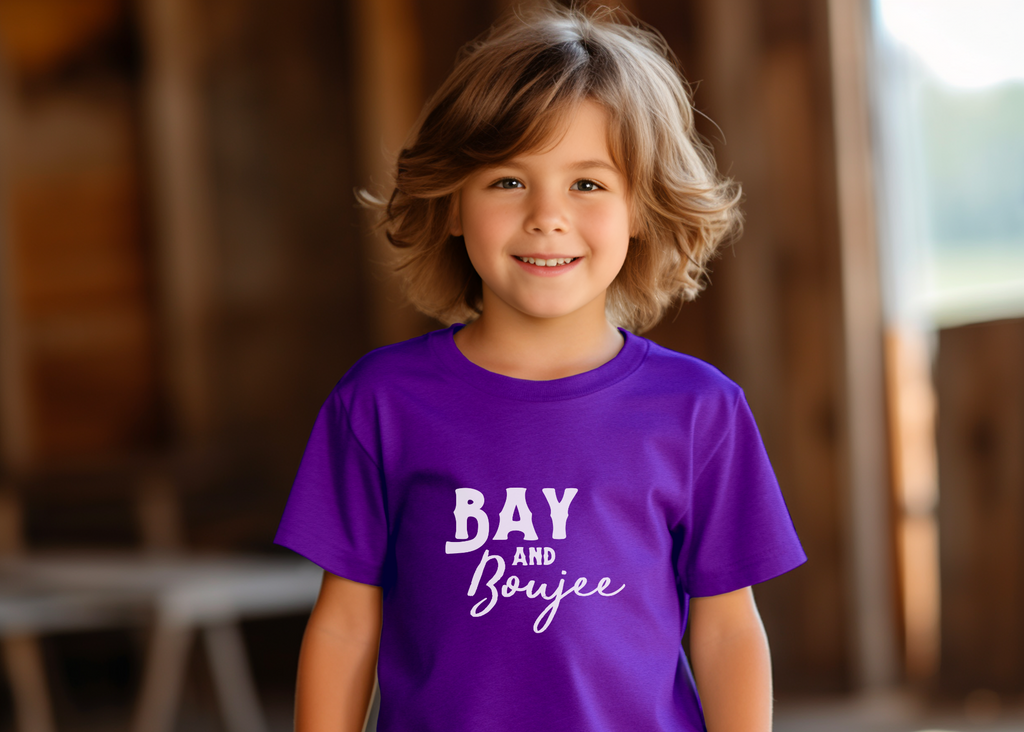 Purple youth short sleeve with white lettering that reads "Bay and Boujee".