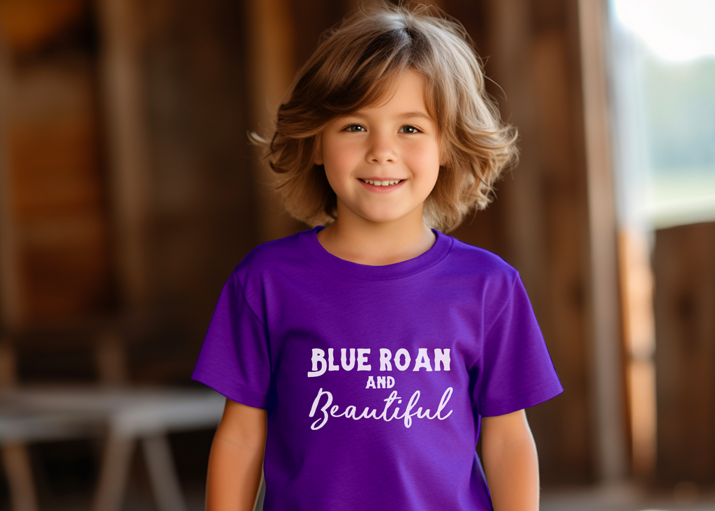 Purple youth short sleeve with white lettering reading "Blue Roan and Beautiful". 