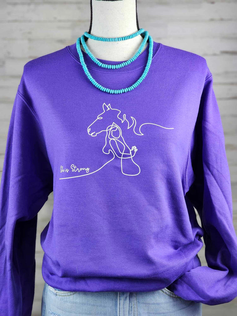 Purple She Is Strong Fleece Pullover Graphic Sweatshirt The Cinchy Cowgirl   